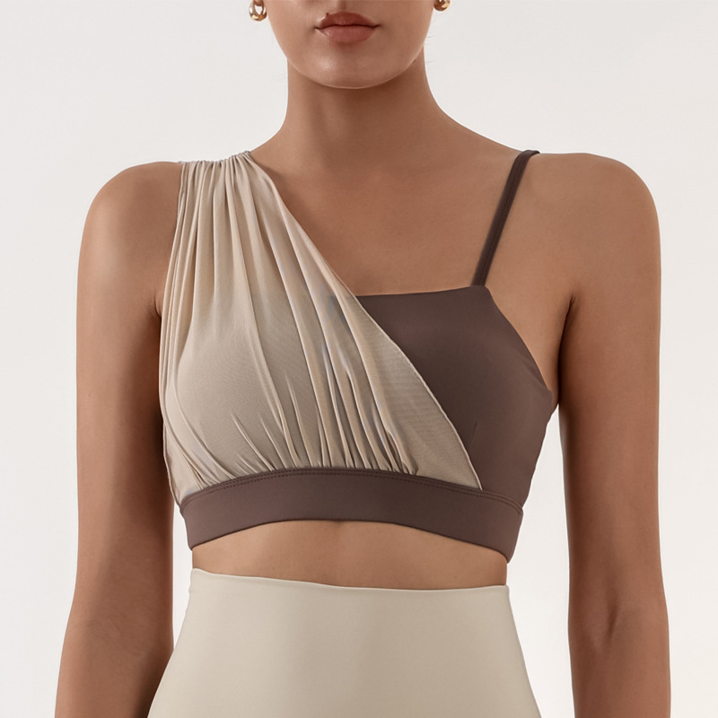 Cross-border sports bra for women with chest pads for yoga fitness training mesh splicing contrast color high elastic quick-drying nude bra