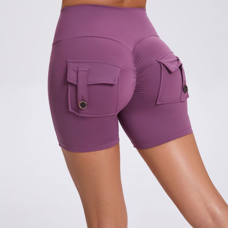 Peach hip workwear tight shorts women's high waist elastic hip button yoga pants quick-drying running fitness pants 8019
