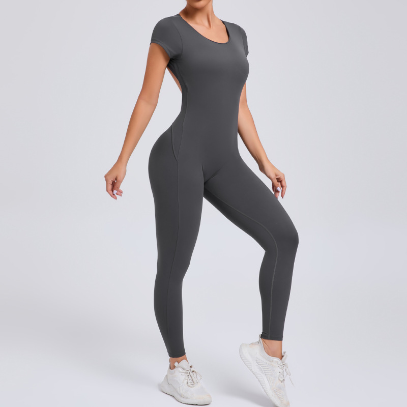 European and American tight quick-drying yoga jumpsuit one-piece yoga clothes short-sleeved backless hip-lifting sports fitness clothes 89071