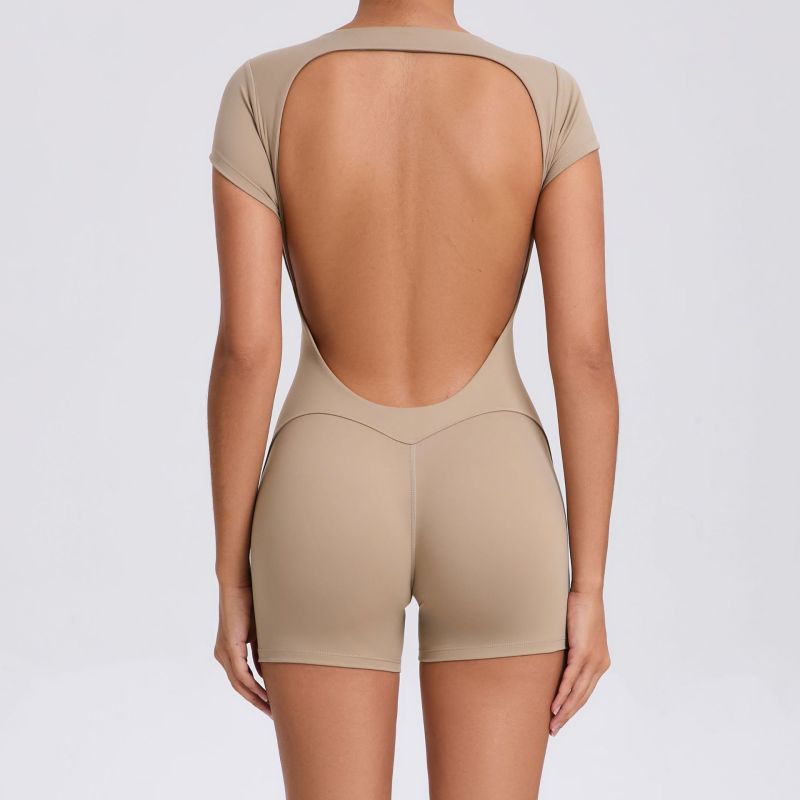 European and American backless peach hip yoga clothes dance exercise fitness hip lifting abdomen short sleeve one-piece yoga clothes 52052