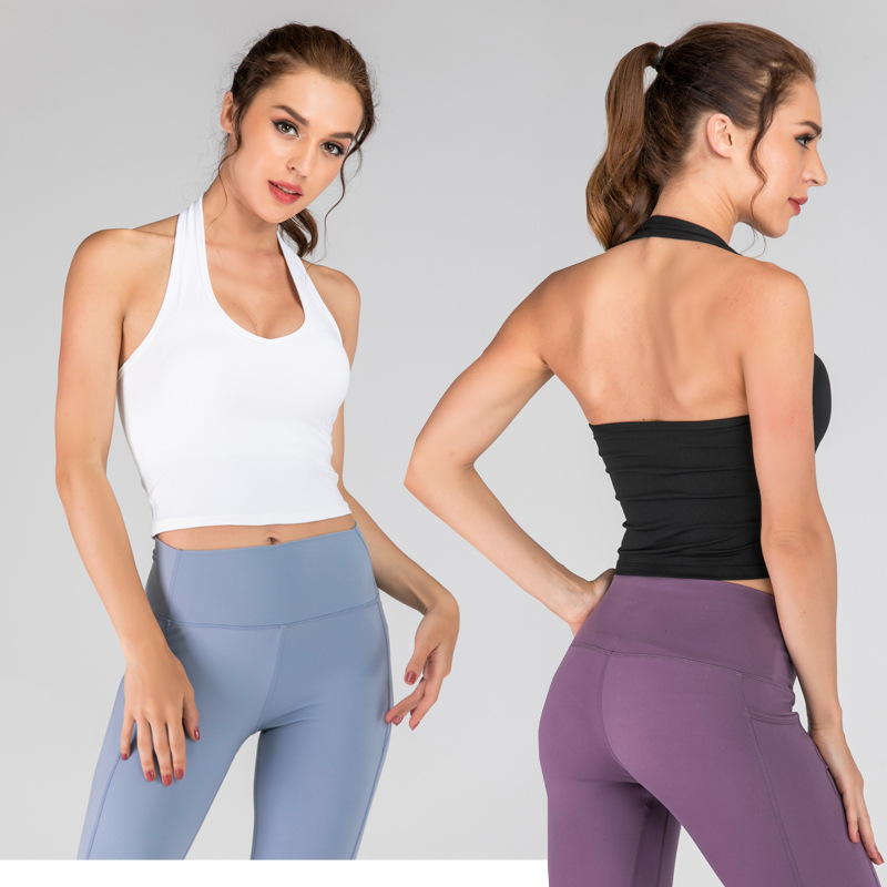 New Yoga Vest Women's Halter Neck Beautiful Straps Chest Pad Gathered Fitness Tops High Waist Covering Stomach Dance Training Clothes