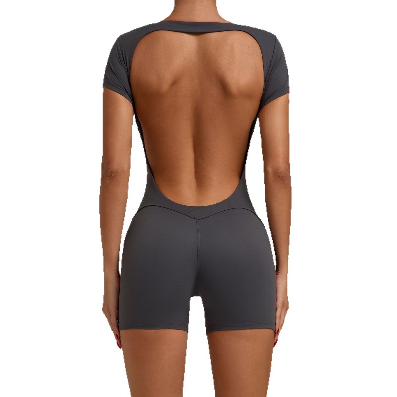 European and American backless peach hip yoga clothes dance exercise fitness hip lifting abdomen short sleeve one-piece yoga clothes 52052