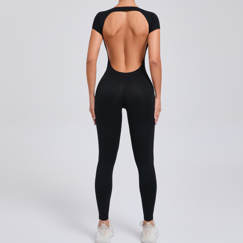 European and American tight quick-drying yoga jumpsuit one-piece yoga clothes short-sleeved backless hip-lifting sports fitness clothes 89071