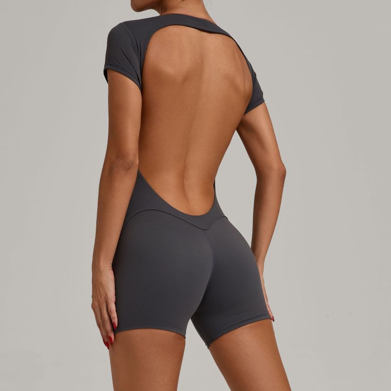 European and American backless peach hip yoga clothes dance exercise fitness hip lifting abdomen short sleeve one-piece yoga clothes 52052