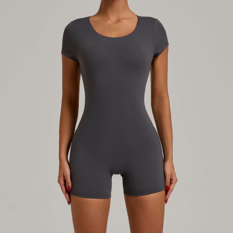 European and American backless peach hip yoga clothes dance exercise fitness hip lifting abdomen short sleeve one-piece yoga clothes 52052