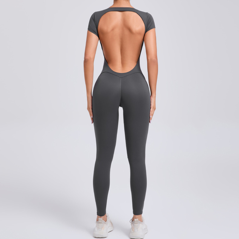 European and American tight quick-drying yoga jumpsuit one-piece yoga clothes short-sleeved backless hip-lifting sports fitness clothes 89071