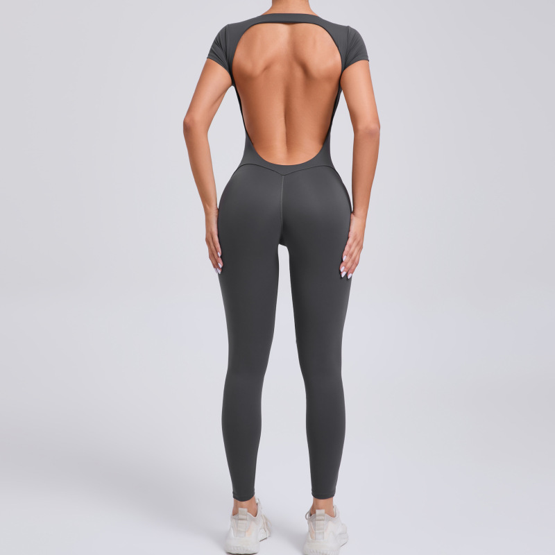 European and American tight quick-drying yoga jumpsuit one-piece yoga clothes short-sleeved backless hip-lifting sports fitness clothes 89071