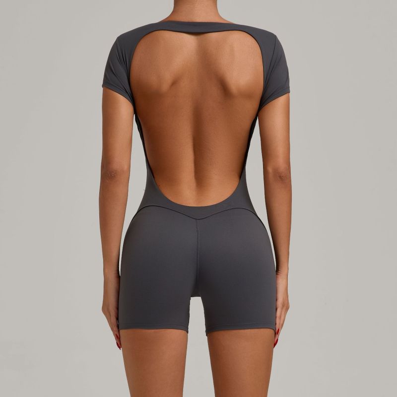 European and American backless peach hip yoga clothes dance exercise fitness hip lifting abdomen short sleeve one-piece yoga clothes 52052