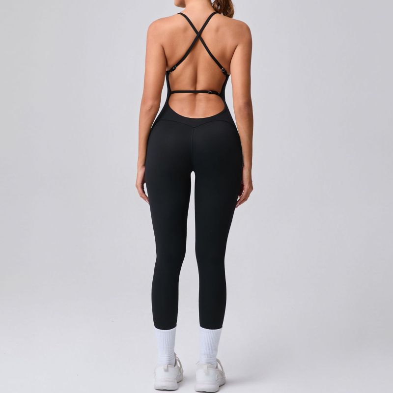 European and American adjustable shoulder straps beautiful back peach hip sports fitness clothes tight one-piece yoga clothes jumpsuit 95856