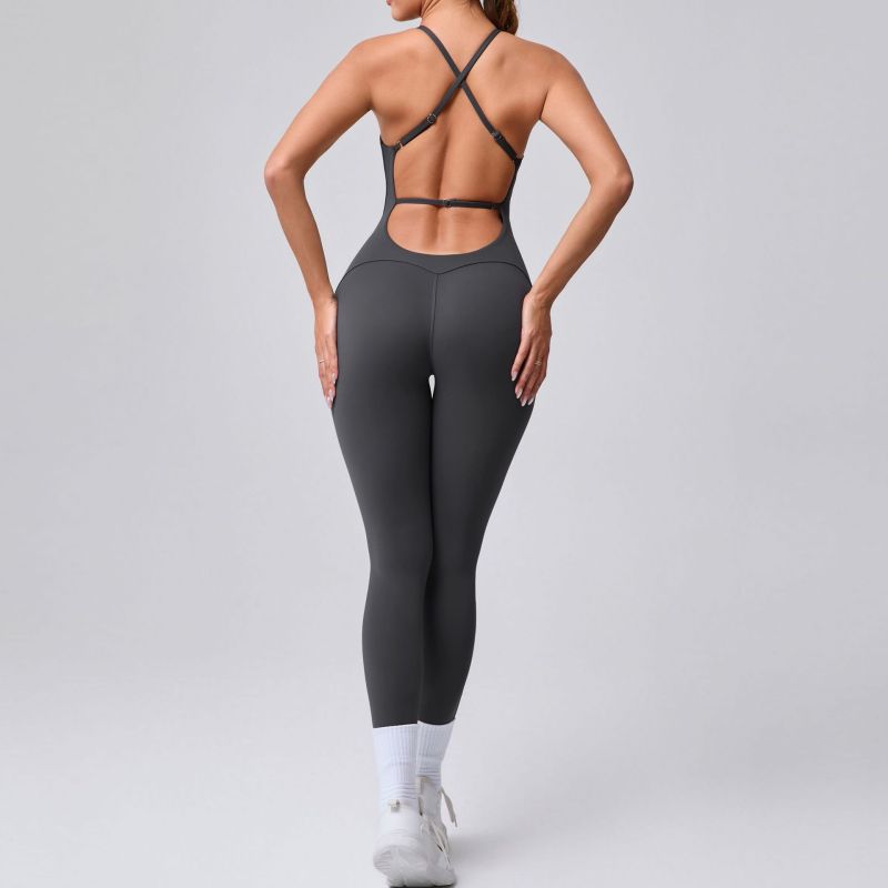 European and American adjustable shoulder straps beautiful back peach hip sports fitness clothes tight one-piece yoga clothes jumpsuit 95856