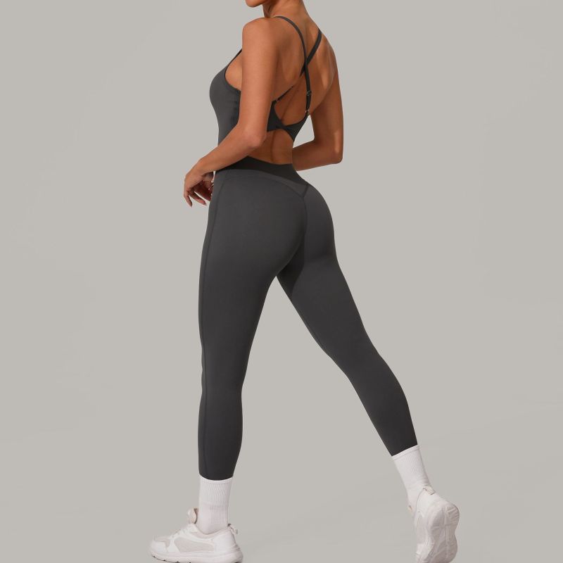 Qiusha sweetheart neck adjustable buckle jumpsuit cross waist hip lifting sports yoga tight jumpsuit 8376