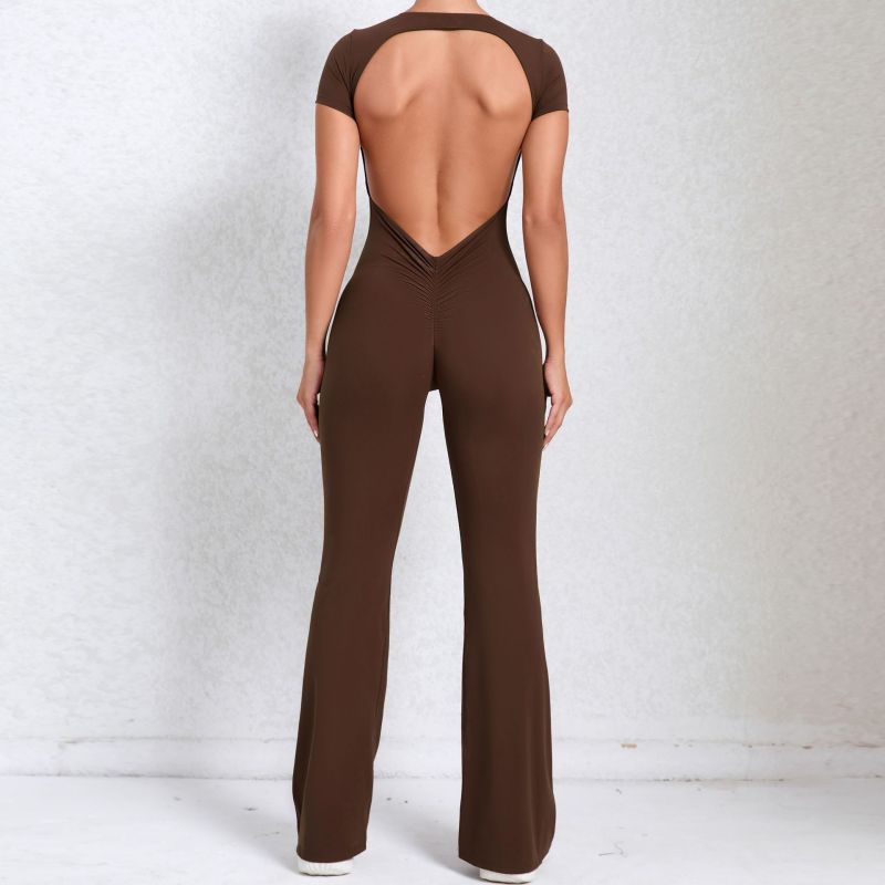 European and American large backless short-sleeved nude yoga jumpsuit for outdoor fitness exercise horn jumpsuit 60450