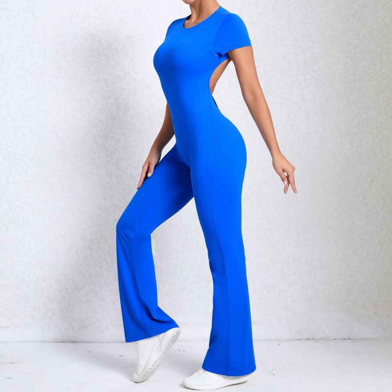 European and American large backless short-sleeved nude yoga jumpsuit for outdoor fitness exercise horn jumpsuit 60450
