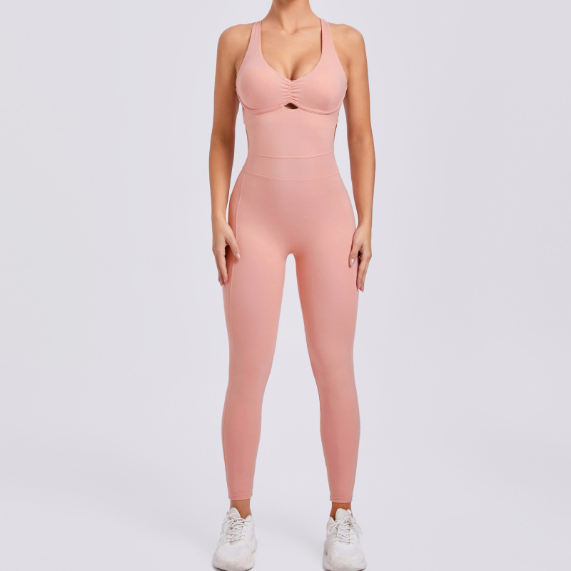 European and American cross adjustable shoulder straps one-piece yoga suit dance peach hip sports tight jumpsuit 21320