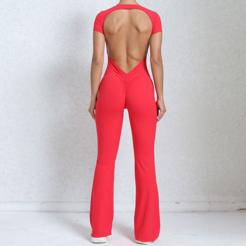European and American large backless short-sleeved nude yoga jumpsuit for outdoor fitness exercise horn jumpsuit 60450