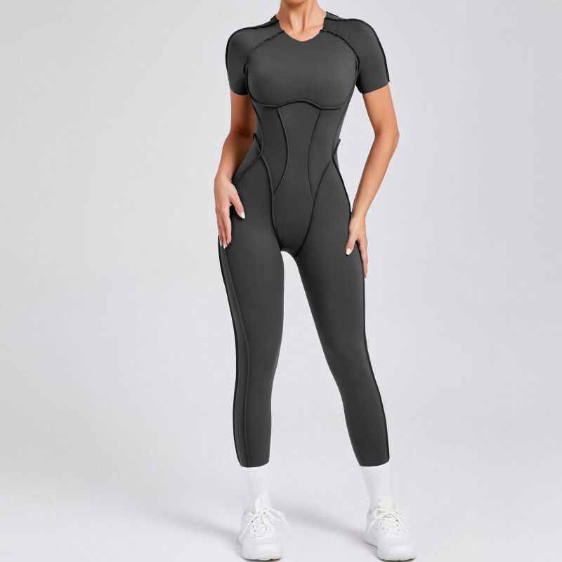European and American autumn and winter three-dimensional backless tight short-sleeved trousers jumpsuit one-piece sports jumpsuit yoga suit 88201