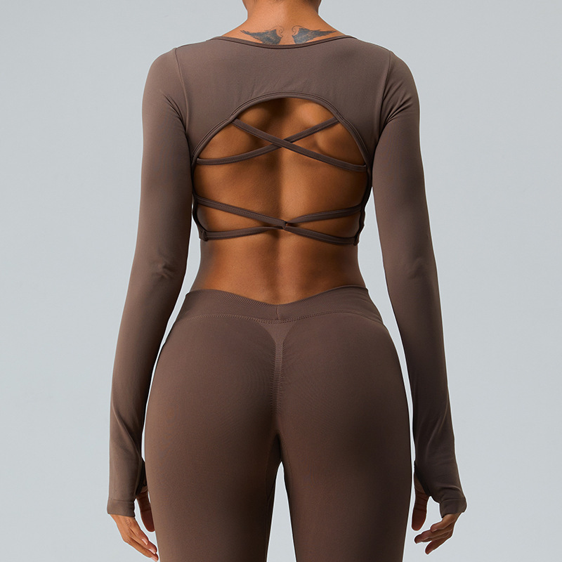 Autumn new cross-border yoga clothes long sleeves women fixed cup sexy cross back outdoor sports fitness clothes tops
