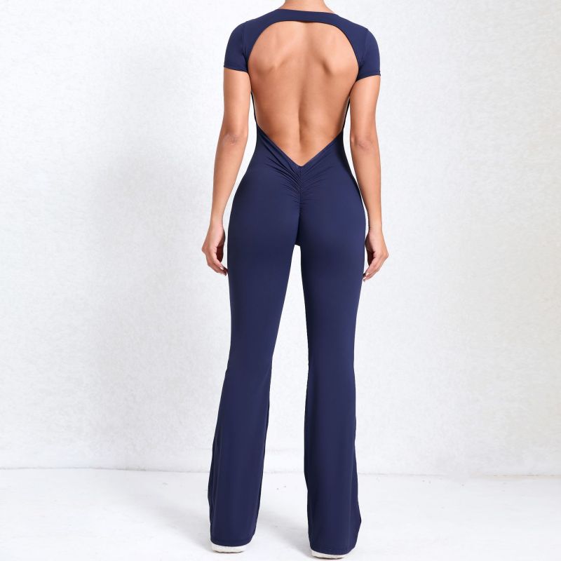 European and American large backless short-sleeved nude yoga jumpsuit for outdoor fitness exercise horn jumpsuit 60450