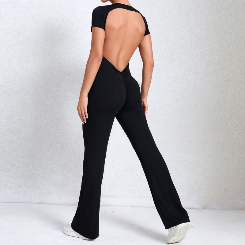 European and American large backless short-sleeved nude yoga jumpsuit for outdoor fitness exercise horn jumpsuit 60450