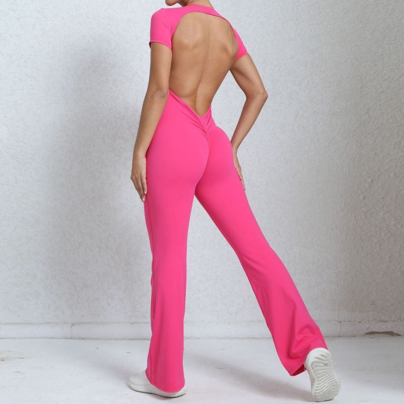 European and American large backless short-sleeved nude yoga jumpsuit for outdoor fitness exercise horn jumpsuit 60450