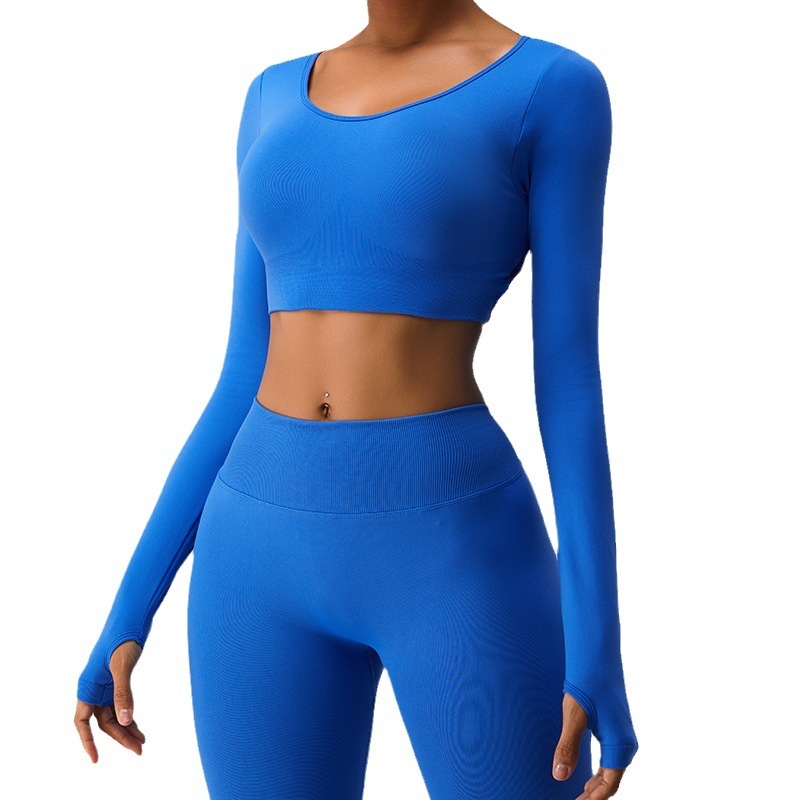 Autumn new cross-border yoga clothes long sleeves women fixed cup sexy cross back outdoor sports fitness clothes tops