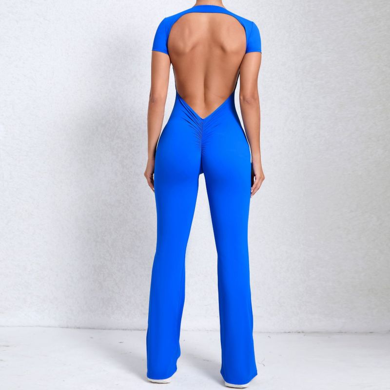 European and American large backless short-sleeved nude yoga jumpsuit for outdoor fitness exercise horn jumpsuit 60450