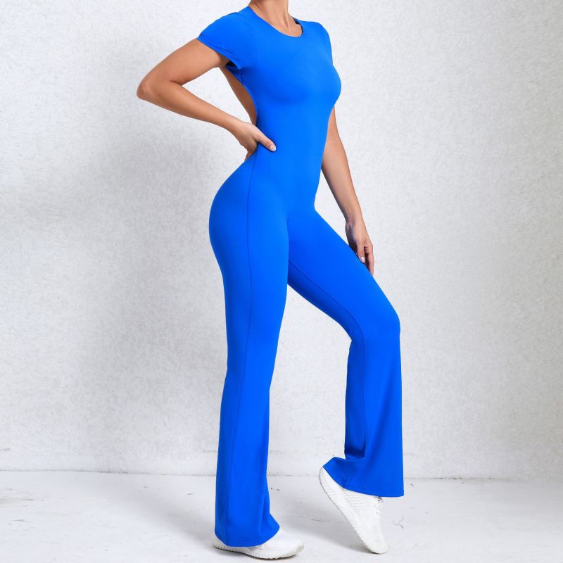 European and American large backless short-sleeved nude yoga jumpsuit for outdoor fitness exercise horn jumpsuit 60450
