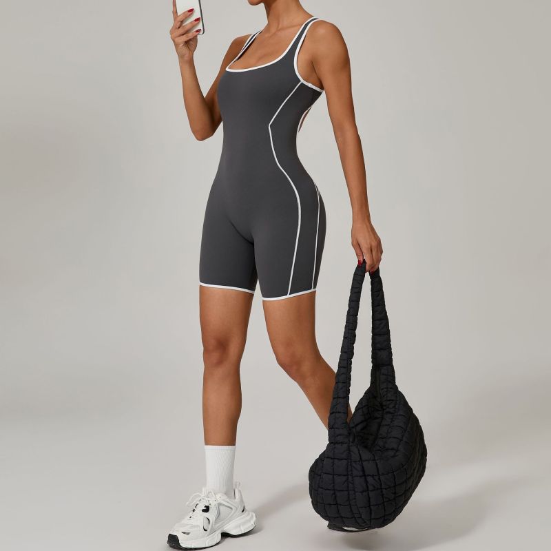 Qiusha summer new fashion backless tight contrast color sports yoga clothes hip yoga fitness jumpsuit 2603