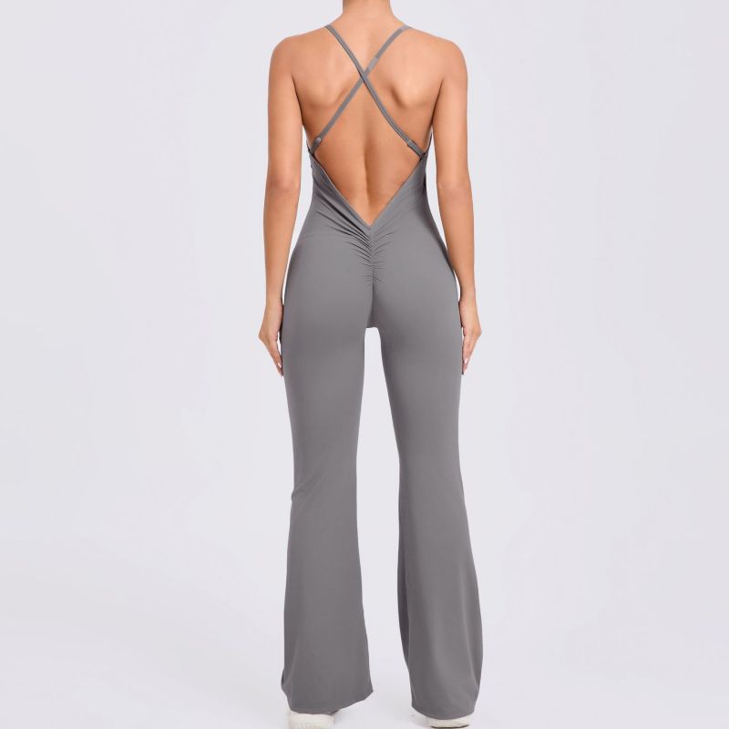 European and American adjustable shoulder strap trumpet yoga jumpsuit sports fitness hollow hip-lifting jumpsuit 44081