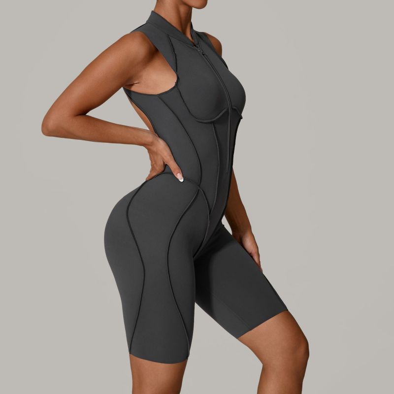 Qiusha new sanded jumpsuit hollow back zipper yoga suit sports running fitness jumpsuit 25700