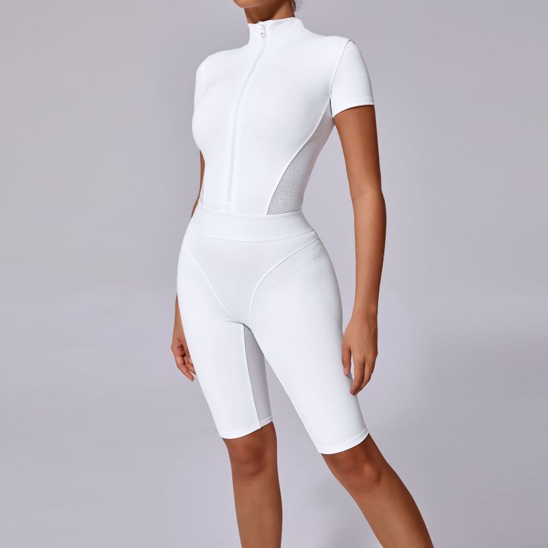 European and American waist open collar zipper short sleeve yoga jumpsuit women's fitness tight sports jumpsuit 41180
