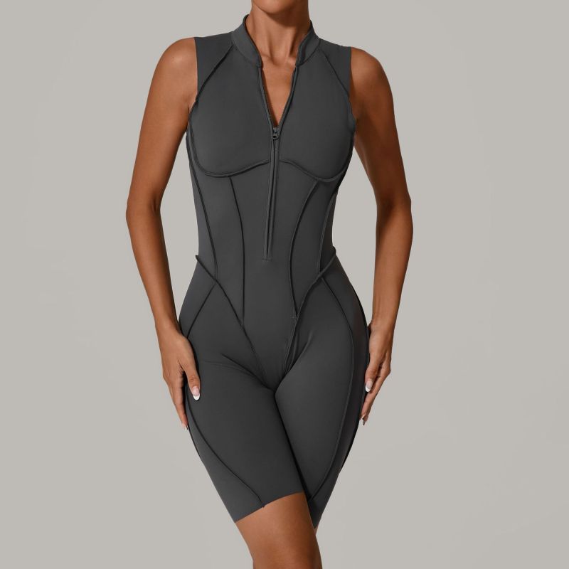 Qiusha new sanded jumpsuit hollow back zipper yoga suit sports running fitness jumpsuit 25700