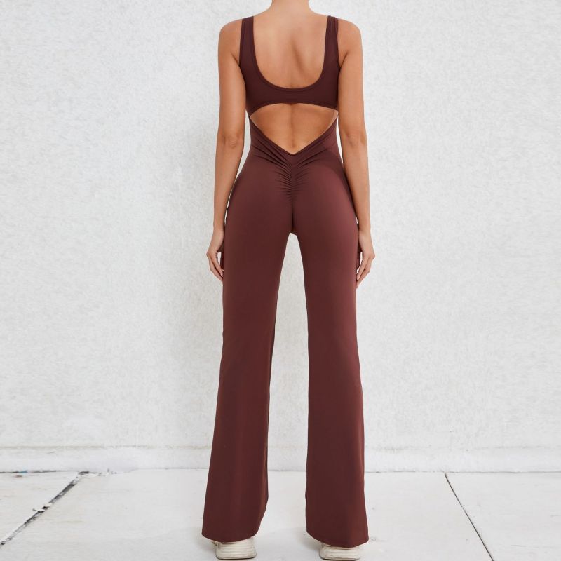 Qiusha European and American hollow back jumpsuit peach hip-lifting sports fitness clothes flared jumpsuit yoga suit jumpsuit