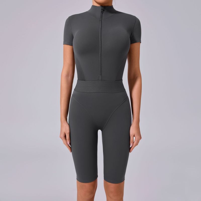 European and American waist open collar zipper short sleeve yoga jumpsuit women's fitness tight sports jumpsuit 41180