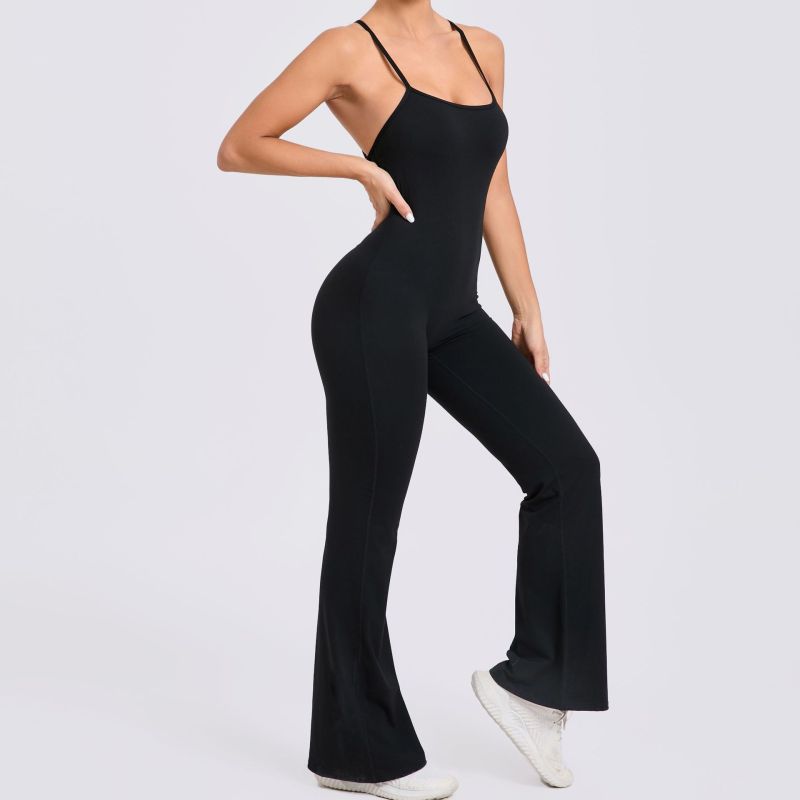 European and American adjustable shoulder strap trumpet yoga jumpsuit sports fitness hollow hip-lifting jumpsuit 44081