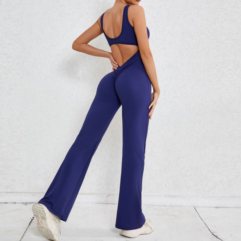 Qiusha European and American hollow back jumpsuit peach hip-lifting sports fitness clothes flared jumpsuit yoga suit jumpsuit