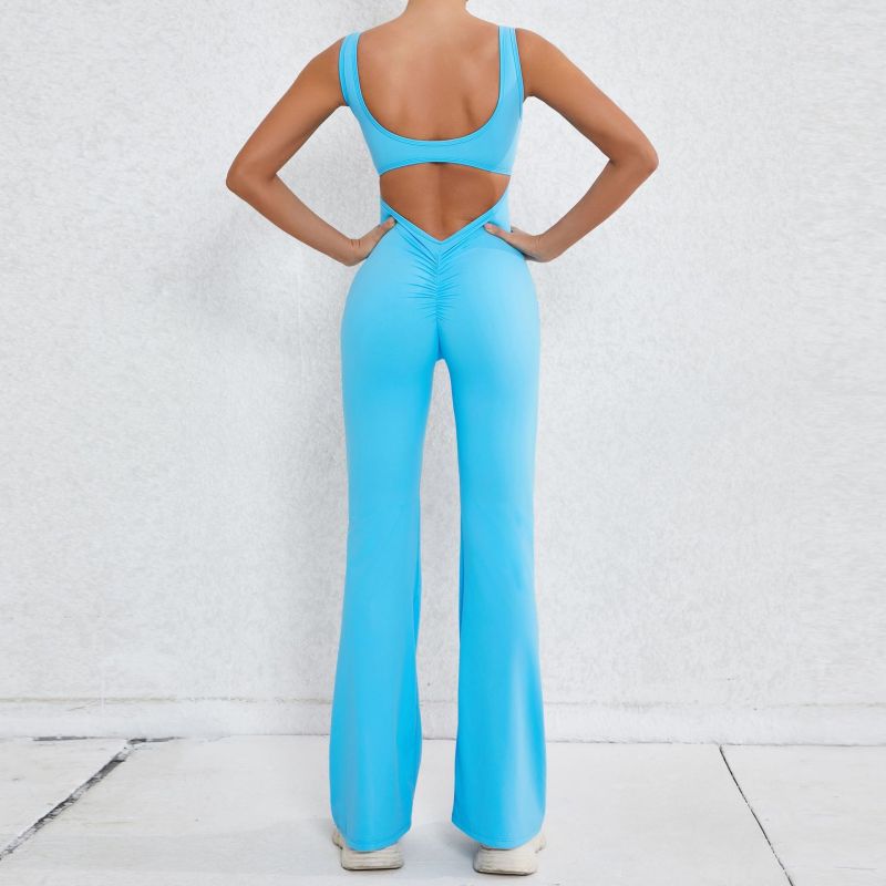 Qiusha European and American hollow back jumpsuit peach hip-lifting sports fitness clothes flared jumpsuit yoga suit jumpsuit