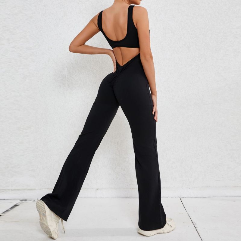 Qiusha European and American hollow back jumpsuit peach hip-lifting sports fitness clothes flared jumpsuit yoga suit jumpsuit