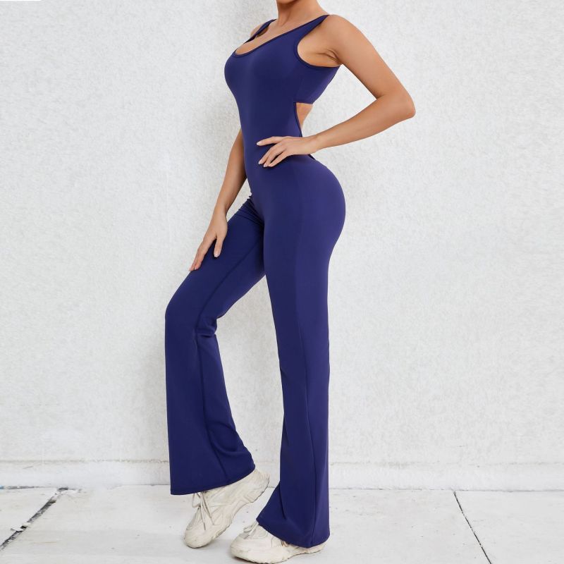 Qiusha European and American hollow back jumpsuit peach hip-lifting sports fitness clothes flared jumpsuit yoga suit jumpsuit