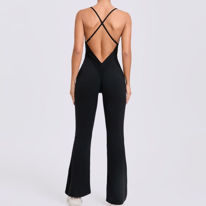 European and American adjustable shoulder strap trumpet yoga jumpsuit sports fitness hollow hip-lifting jumpsuit 44081