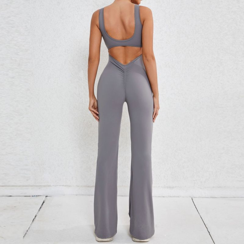Qiusha European and American hollow back jumpsuit peach hip-lifting sports fitness clothes flared jumpsuit yoga suit jumpsuit