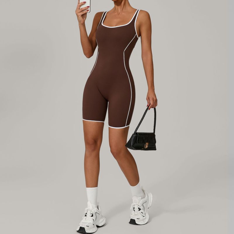 Qiusha summer new fashion backless tight contrast color sports yoga clothes hip yoga fitness jumpsuit 2603