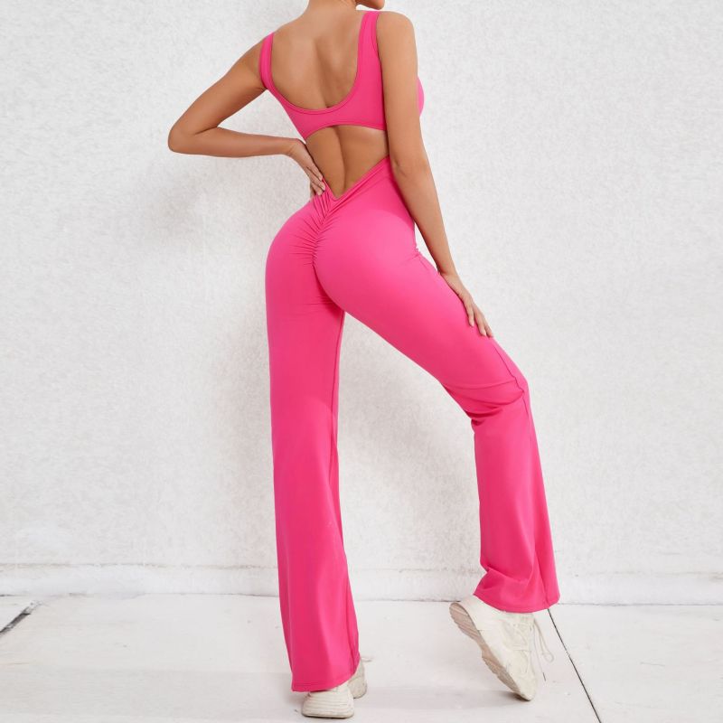 Qiusha European and American hollow back jumpsuit peach hip-lifting sports fitness clothes flared jumpsuit yoga suit jumpsuit