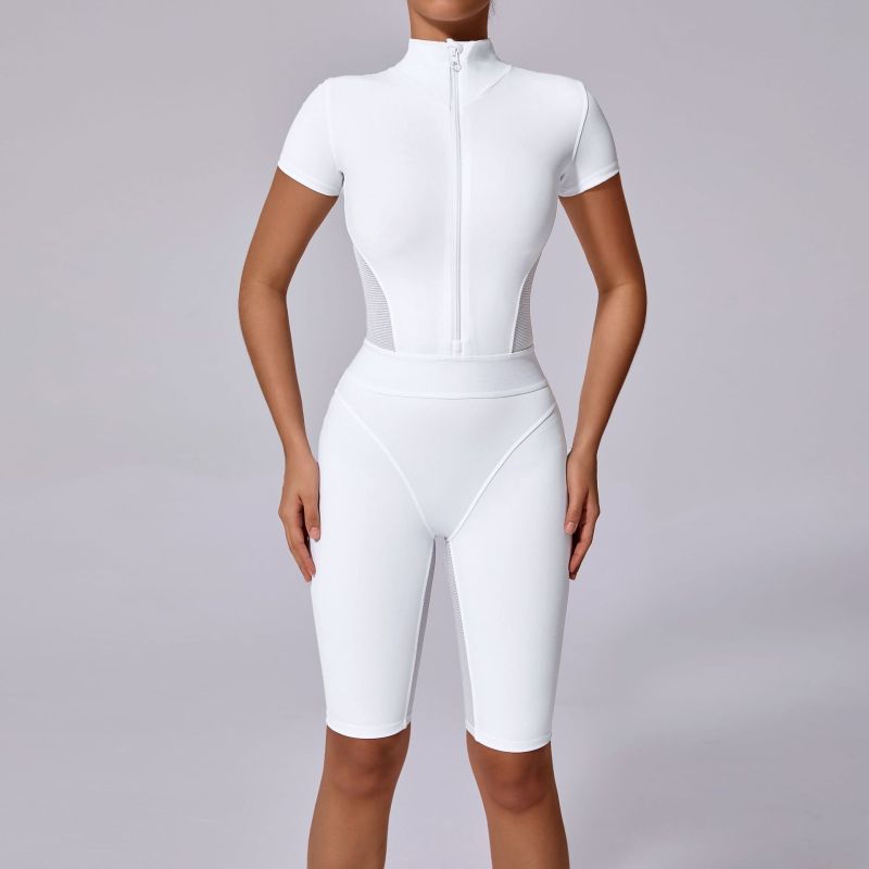 European and American waist open collar zipper short sleeve yoga jumpsuit women's fitness tight sports jumpsuit 41180