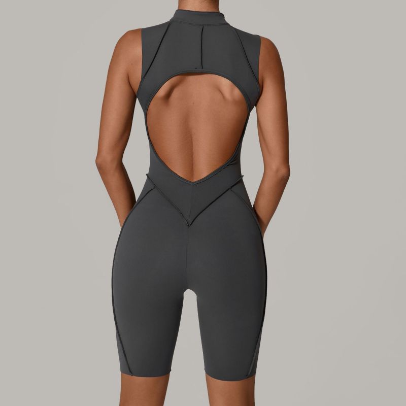 Qiusha new sanded jumpsuit hollow back zipper yoga suit sports running fitness jumpsuit 25700