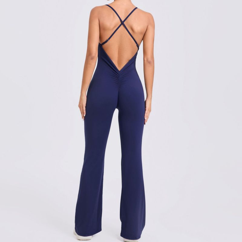 European and American adjustable shoulder strap trumpet yoga jumpsuit sports fitness hollow hip-lifting jumpsuit 44081
