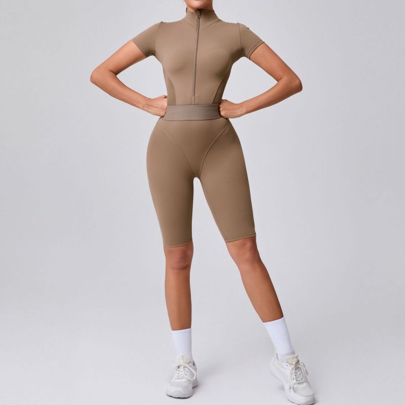 European and American waist open collar zipper short sleeve yoga jumpsuit women's fitness tight sports jumpsuit 41180