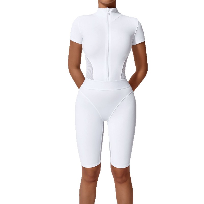 European and American waist open collar zipper short sleeve yoga jumpsuit women's fitness tight sports jumpsuit 41180