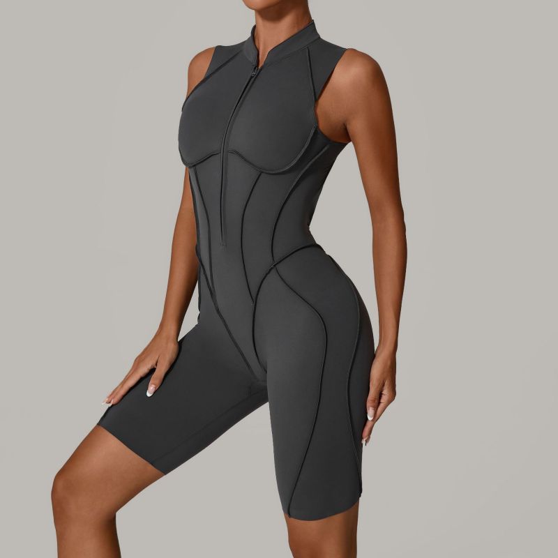 Qiusha new sanded jumpsuit hollow back zipper yoga suit sports running fitness jumpsuit 25700