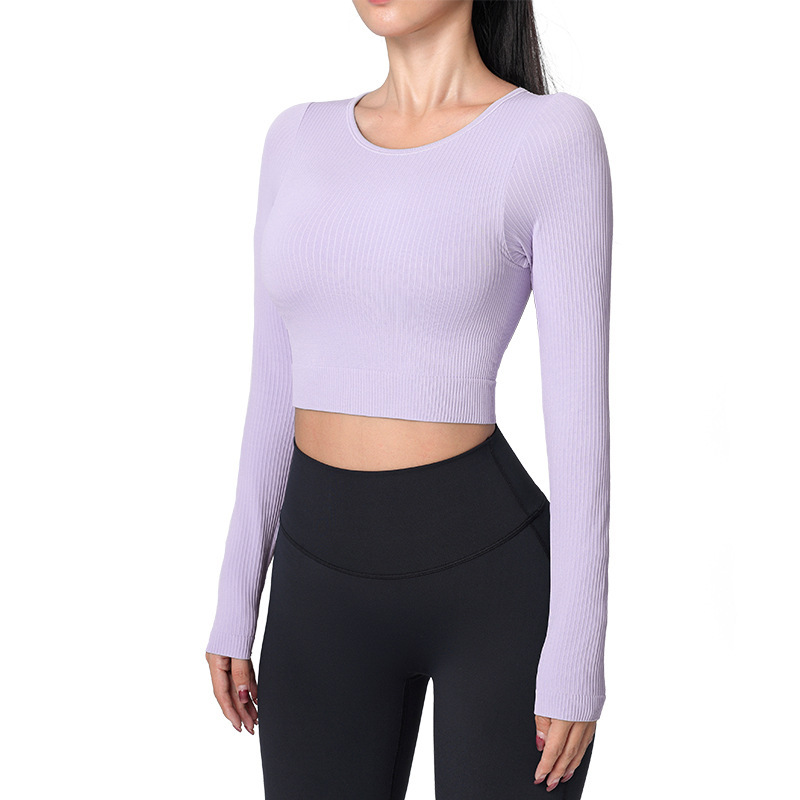 Cross-border yoga clothing sports top with chest pad ribbed slim fit waist-revealing Pilates fitness clothing sports long sleeves